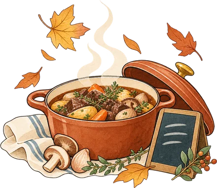 Une cocotte fumante et des feuilles d'automne