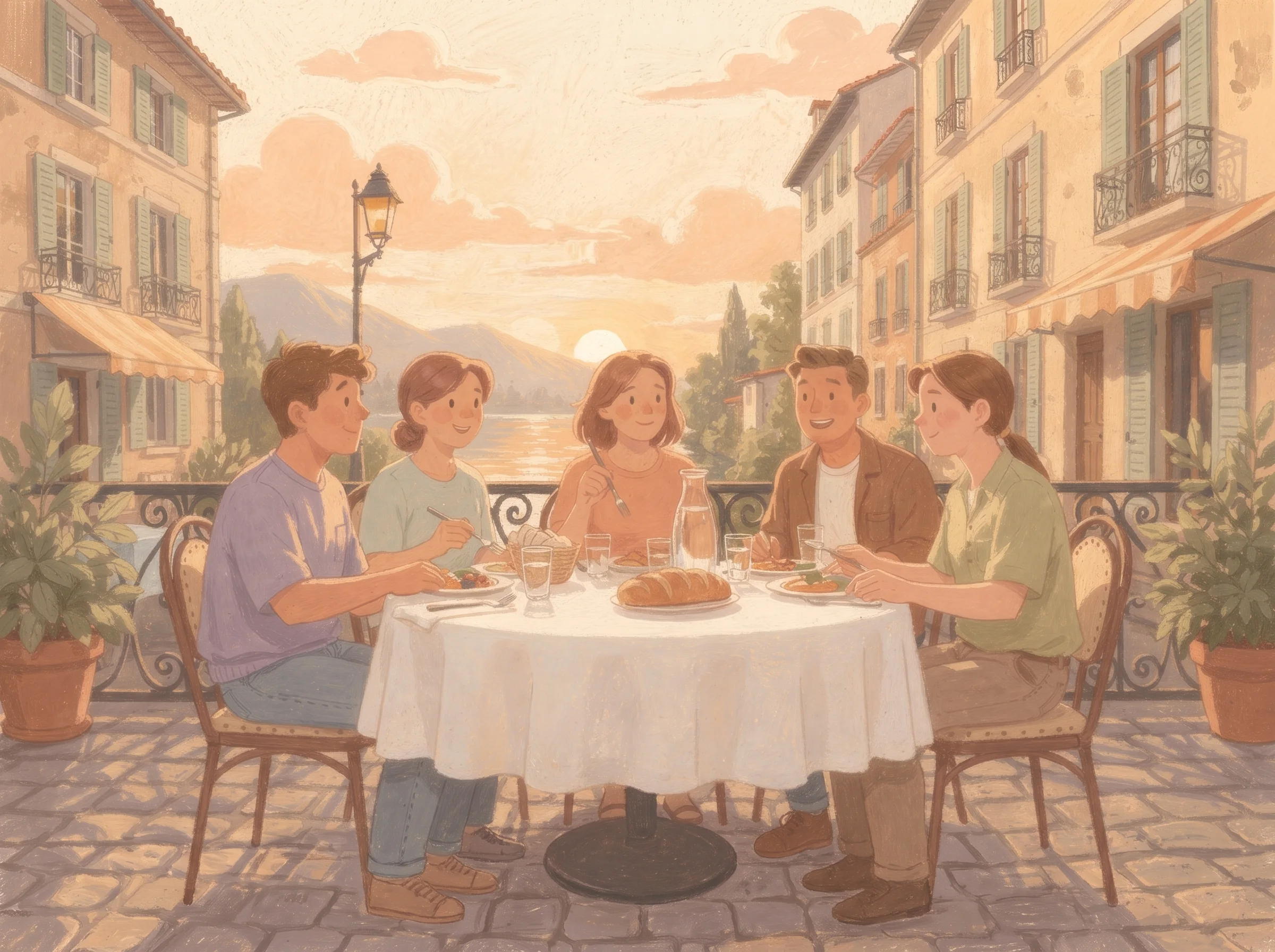 Peinture : des amis partagent un repas sur une terrasse de Thonon, le lac en fond.