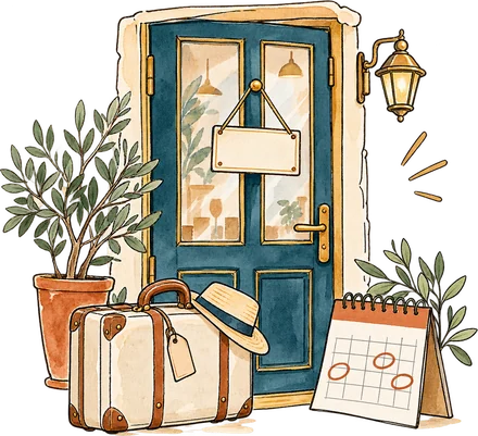 Une porte avec un écriteau et une valise